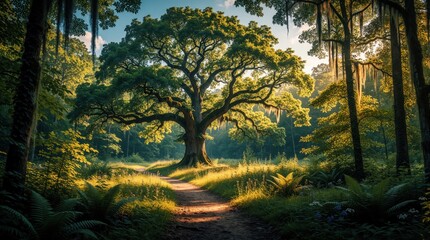 Naklejka premium Path winds through sunlit forest past giant oak tree. Green moss hangs from branches creating a serene natural scene. Sunlight filters through canopy illuminating lush foliage.