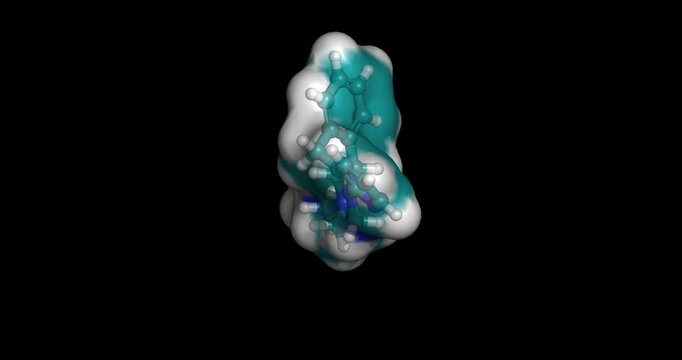 Mirtazapine, atypical tetracyclic antidepressant and alpha-2 adrenergic receptor antagonist used for major depressive disorder and insomnia, 3D molecule spinning, 4K