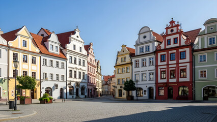 Fototapeta premium Historic Colorful Town Square with Traditional Baroque Architecture in a Picturesque European Village Setting During a Sunny Morning