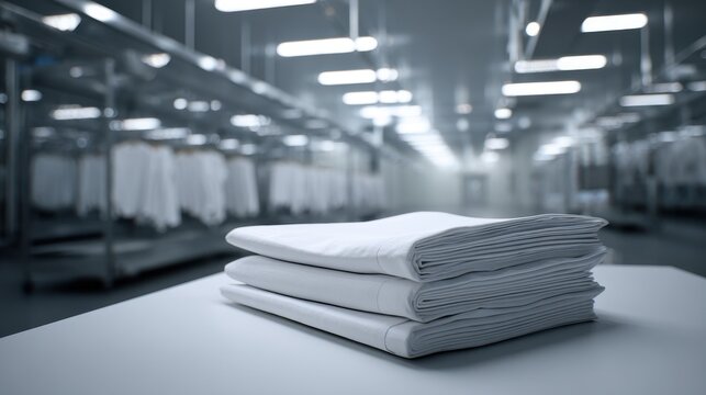 Stack of clean white folded laundry resting on a table in a modern industrial facility. Quality textile concept for commercial laundry ads.