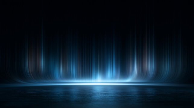 abstract futuristic blue light streaks with reflective floor and dark background