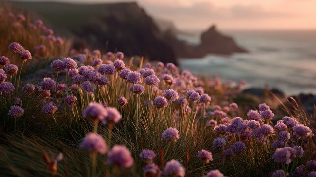 Vibrant pink thrift flowers blooming on a coastal cliffside during a warm sunset. Ideal for nature and travel design projects.