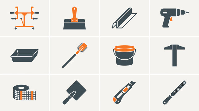 Construction tool icons featuring drywall tools in orange and dark grey