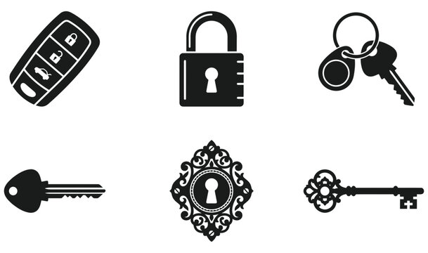 Set of black lock and key icons including car key fob and vintage skeleton keys vector illustration with lock icon