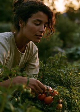 Young woman in a garden, picking tomatoes from a bush. she is wearing a white t-shirt and has curly dark hair. the sun is setting in the background, casting a warm glow over the scene.