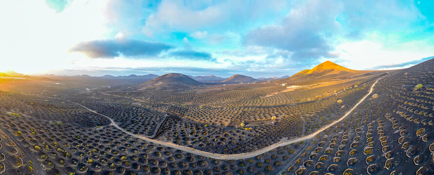 Aerial view of La Geria wine region with its unique volcanic ash pits and vine cultivation under a golden sunset sky in Lanzarote, Canarias, Spain.