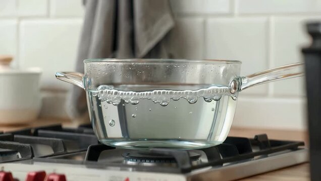 t44222 mp4 Crisp 4K Ultra HD video capturing clear water rapidly boiling and rolling inside a glass cooking pot showcasing rising air bubbles in fluid motion for recipe guides and boiling physics