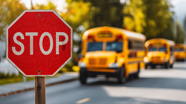 Red stop sign in sharp focus with yellow school buses blurred in the background on a sunny suburban road, representing traffic safety, school transportation, road rules and caution.