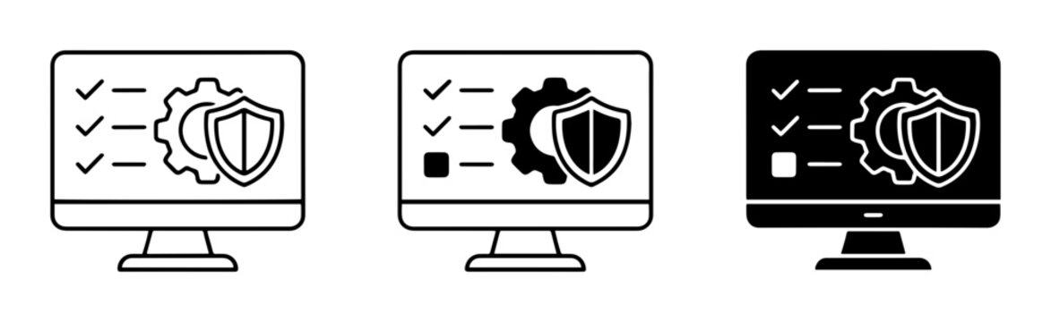 Computer Security Icons, Cybersecurity Checklist, System Protection, Data Safety, Network Shield, Gear Mechanism, Vector Set