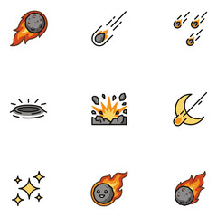 Colored Filled Outline Space Icon Set: Cute Meteors, Comets, Asteroids and Impact Crater © Myself