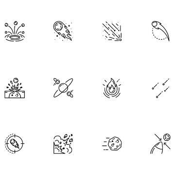 Meteor, Asteroid and Comet Line Icon Set - Space and Astronomy Symbols Vector