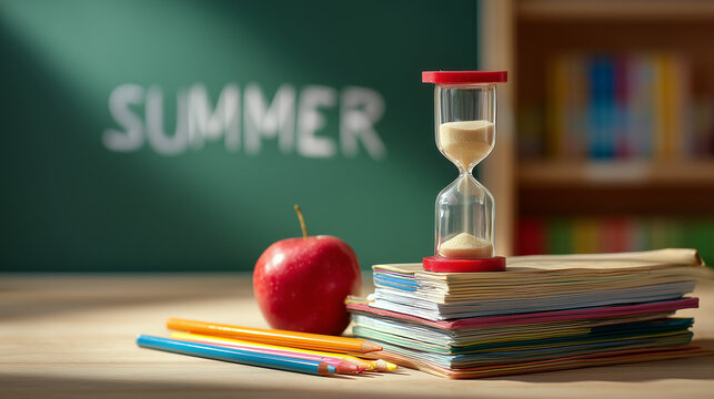 Red apple, colorful pencils, books and an hourglass arranged on a classroom desk with the word SUMMER in the background, symbolizing school break and passing time.
