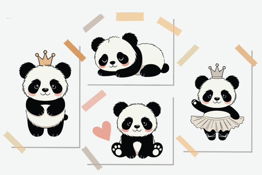 Set of cute baby panda posters taped to a wall featuring sleeping, sitting, standing and dancing panda characters.