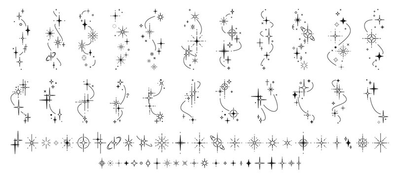 Star sparkles and twinkles, constellation starburst and flash stars, blink glitter, celestial light sparks and shine symbols. Bright glow vector effects of starlight, firework sparkles, magic twinkles