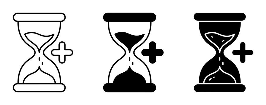 Hourglass Icons with Plus Sign, Time Management Symbols, Sand Timer Graphics, Countdown Timer Vector Set, Extended Time Concept