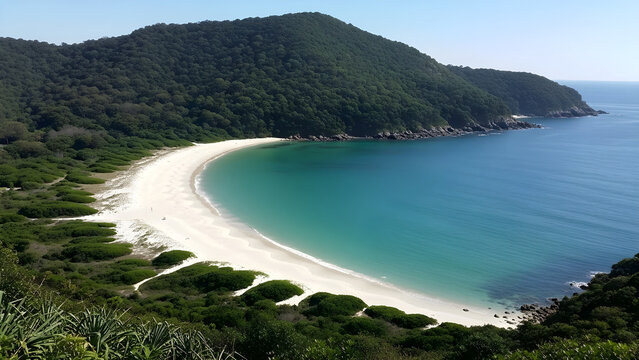 Stunning Tropical Beach Bay with Pristine White Sand and Lush Green Mountainside Landscape Surrounded by Calm Azure Ocean Waters in Nature