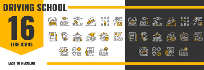 Naklejka premium Driving school icons, vehicle drive education pictograms of cars, instructor, student and parking cones. License, test, certificate and steering. Traffic signs useful for driver training and education