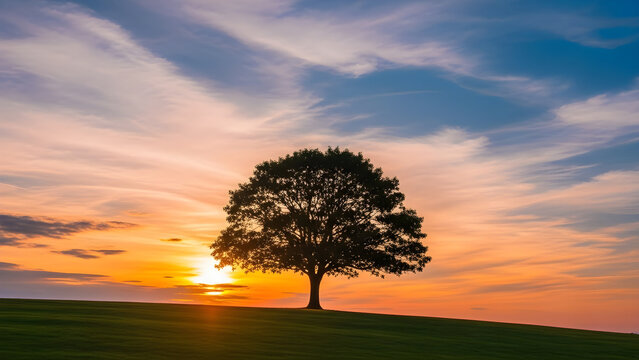 A lone oak tree stands resiliently on a grassy hill under a vibrant sunset sky filled with swirling golden clouds and colorful dusk light horizons