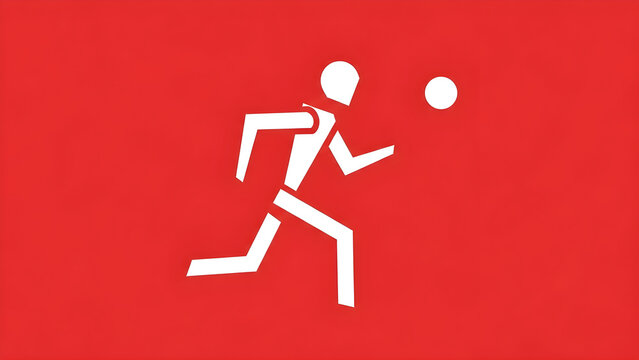 Minimalist White Vector Icon Depicting a Person Running Toward a Ball Set Against a Vibrant Red Background for Athletic Concept Representation
