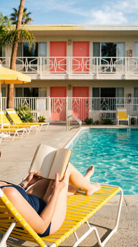 Woman reading book on lounge chair by retro motel swimming pool. Summer vacation lifestyle at vintage hotel. Relaxation during travel getaway. Sunny day at poolside resort area.