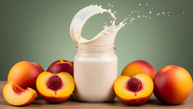 Fresh Nectarine and Milk Splash Glass Jar Refreshing Fruit Beverage for Healthy Breakfast Food Photography Composition
