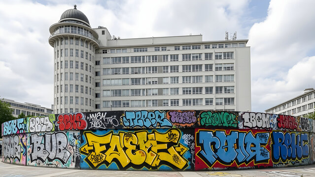 Urban architectural landmark featuring a modern administrative building set behind a circular concrete wall covered in colorful street art graffiti