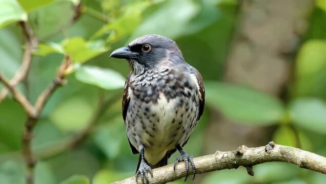 Sharp 4K wildlife footage documenting a solitary ashy drongo bird Dicrurus leucophaeus turning its head sharply from side to side while maintaining a vigilant watch from its perch