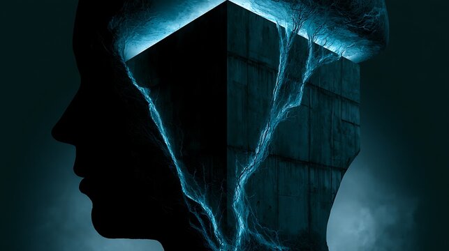 Prompt: An avant-garde architectural dreamscape of the mind. A human head silhouette contains a sharp 90-degree corner of a concrete brutalist monolith, with glowing paths of neon-blue mycelium 