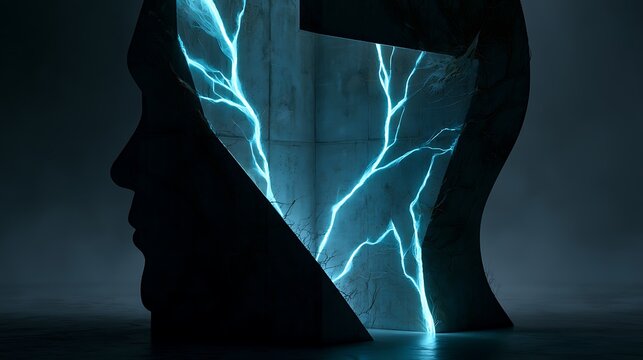 Prompt: An avant-garde architectural dreamscape of the mind. A human head silhouette contains a sharp 90-degree corner of a concrete brutalist monolith, with glowing paths of neon-blue mycelium 
