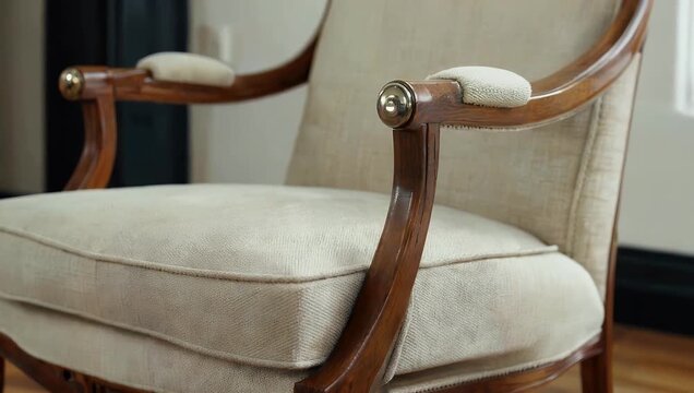 Elegant 4K motorized dolly shot panning past a premium beige fabric armchair highlighting its intricate upholstery weave and sophisticated styling for high-end residential interior design