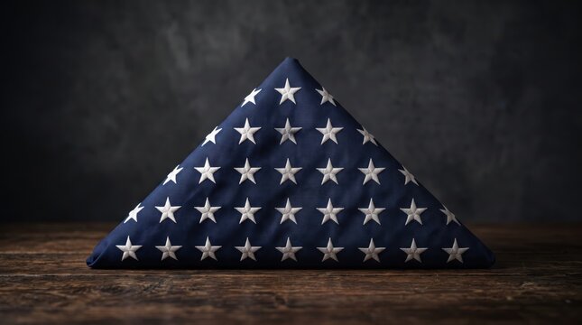 Triangular folded navy blue fabric with white embroidered stars on wooden table