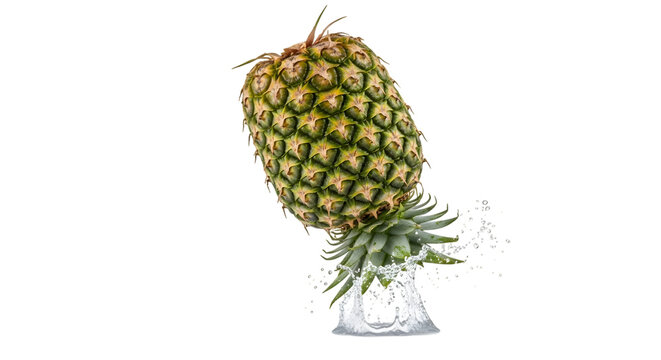 A vibrant freshly cut pineapple splashing into water showcasing its texture and color isolated on transparent background