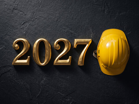 Golden 2027 numerals with yellow hard hat on dark slate reflects future construction trends
