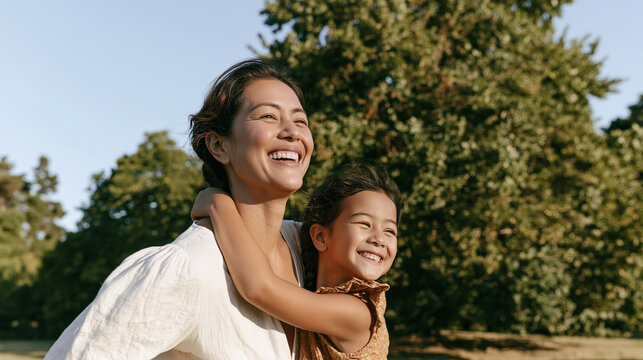 Happy Asian mother and daughter enjoying a sunny day outdoors, laughing together in a green park, family affection, motherhood, Asian family lifestyle, intergenerational