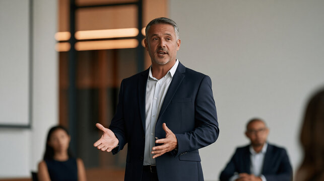 Asian professionals attending a corporate training workshop in a modern conference room, presenter discussing strategy with colleagues, teamwork, education, management, business
