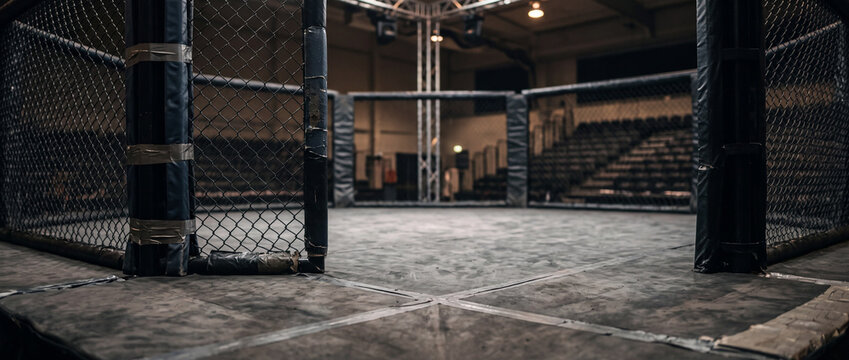 Empty mixed martial arts octagon cage in arena