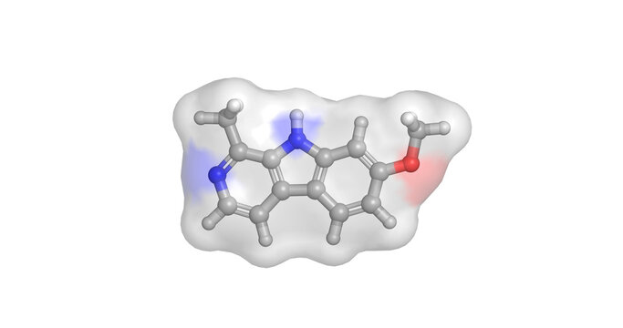 Harmine, beta-carboline alkaloid and reversible MAO inhibitor found in Ayahuasca, 3D molecule 4K