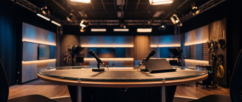 Empty television studio desk preparing for broadcast news
