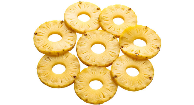 A vibrant collection of golden pineapple rings neatly arranged and presented on a transparent isolated on transparent background