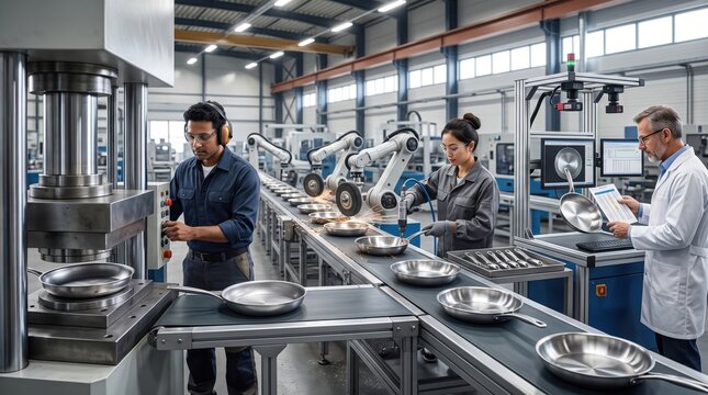 Engineers and Factory Workers Manufacturing Stainless Steel Frying Pans on Automated Assembly Line. Concept of cookware manufacturing, industrial robots, quality control.