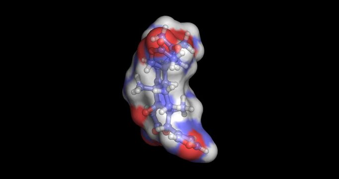 Limonin (obakulactone), bitter citrus compound found in fruit seeds with antioxidant properties, 3D molecule spinning, 4K