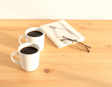 Two white coffee mugs, a notebook and reading glasses on a wooden table in warm light, meeting still life