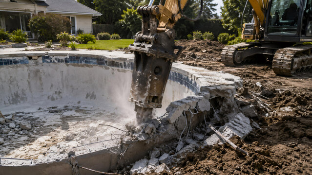 Hydraulic hammer on excavator breaking concrete swimming pool edge. Heavy machinery tool dismantling backyard structure. Construction site excavation and demolition project concept.