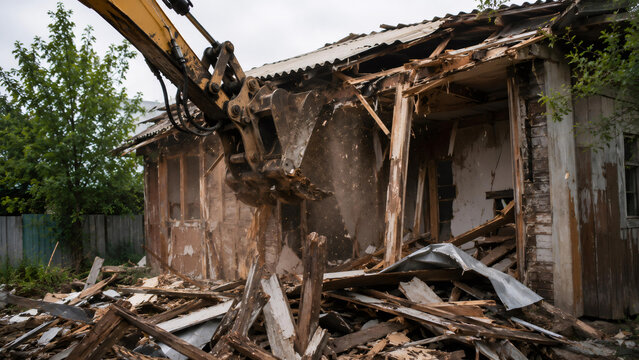 Excavator demolishing an old wooden house. Industrial machinery crushing wall of abandoned building. Construction site for urban renovation and debris removal for housing development project.