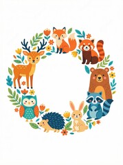 Naklejka premium cute woodland animals wreath with deer, fox, bear, owl, and floral elements. forest wildlife circular frame on white background. kids illustration, greeting card, invitation design with copyspace.