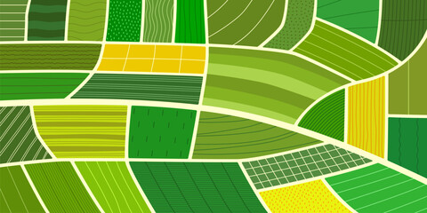 Naklejka premium Top view of agriculture farm field bg, green arable plantation background. Rice and tea abstract aerial map, agricultural patchwork landscape, land texture of vineyard, farmland, rice paddy terrace
