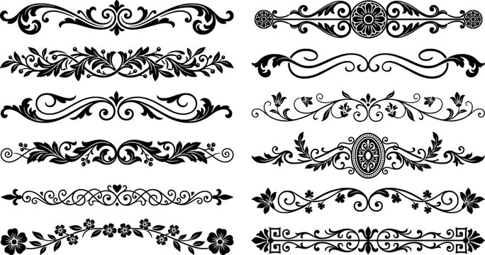 Set of vintage floral decorative page dividers, flourishes and swirls
