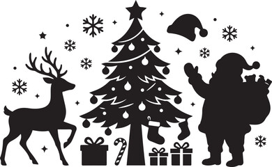 Fototapeta premium Christmas black silhouette set with santa reindeer tree gifts and snowflakes for holidays.