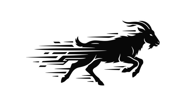 Fast black goat silhouette running with motion speed lines for a dynamic mascot or logo concept representing energy, agility, wild power, speed, freedom, and strength