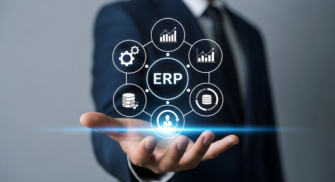Businessman presenting digital Enterprise Resource Planning system icons for business process management and corporate data integration strategy